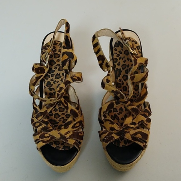 BOUTIQUE 9 LEOPARD PRINT FUR PLATFORM WEDGE SANDAL WITH CORK HEEL, - Picture 1 of 8